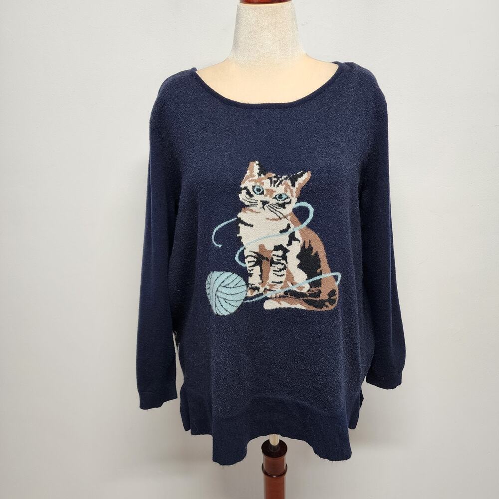Astrologie Cat Ball of Yarn Pullover Navy Blue Sweater Size XXL Soft Stretch